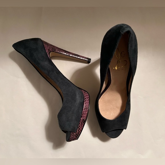 JOAN & DAVID - Blue Suede Purple Snake OpenToe High Heel Platforms - Sz 7M - Picture 7 of 14